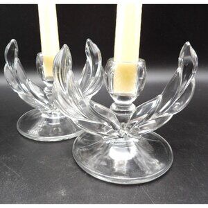 Indiana Glass Willow Candlestick Holders Set of 2 Clear Pressed Glass VTG USA
